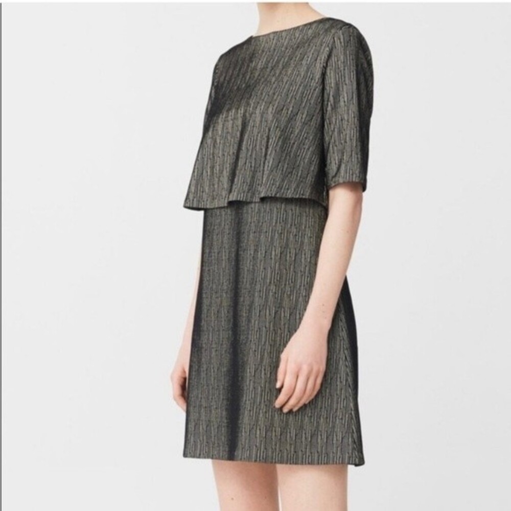 Mango Black Sparkle Thread Short Sleeve Tiered Mini Dress Size XS